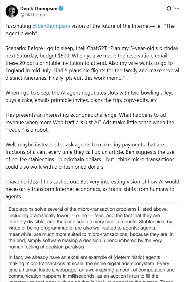 Derek Thomson tweet about getting an AI to organise his kid's birthday party in some imagined future.
