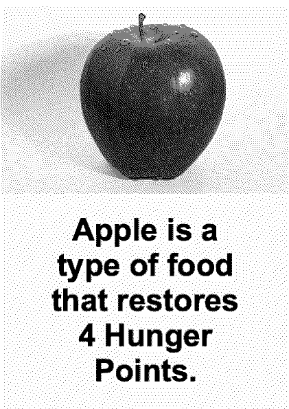 A dithered, black and white image of an apple, with 'Apple is a type of food that restores 4 Hunger Points.' written underneath