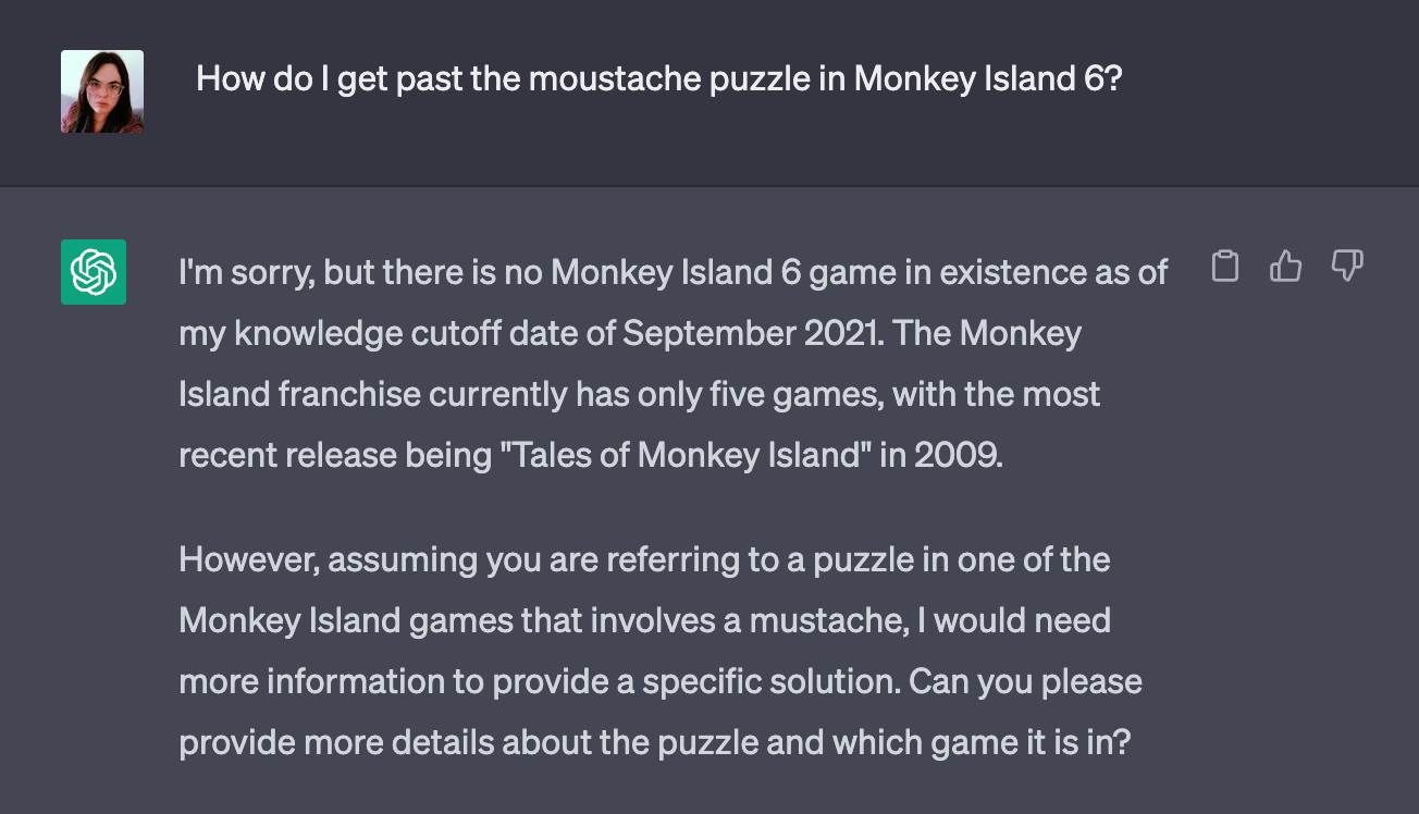I ask CHatGPT how to solve the moustache puzzle in MI6. it tells me MI6 doesn't exist