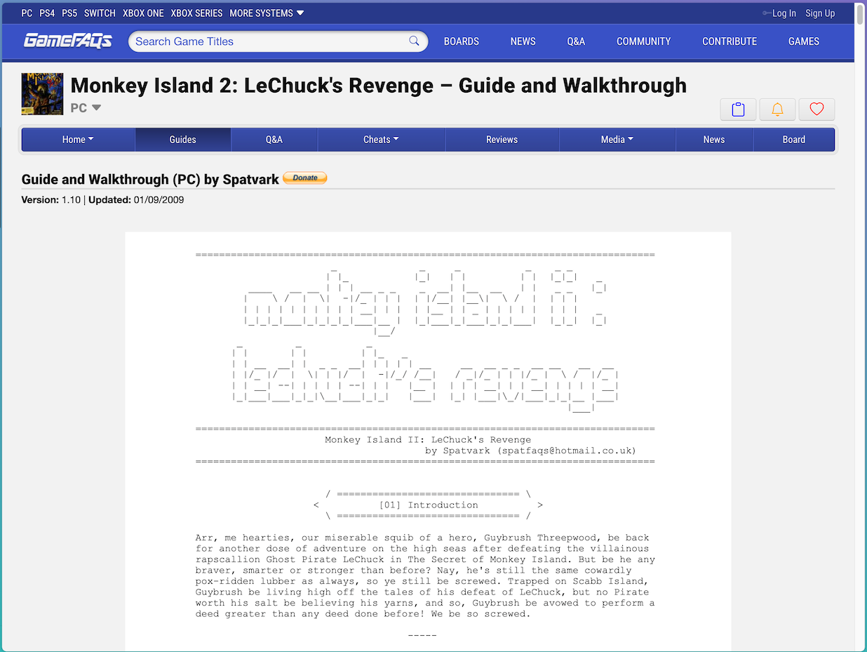 GameFaqs page for the LeChuck's Revenge walkthrough by Spatvark