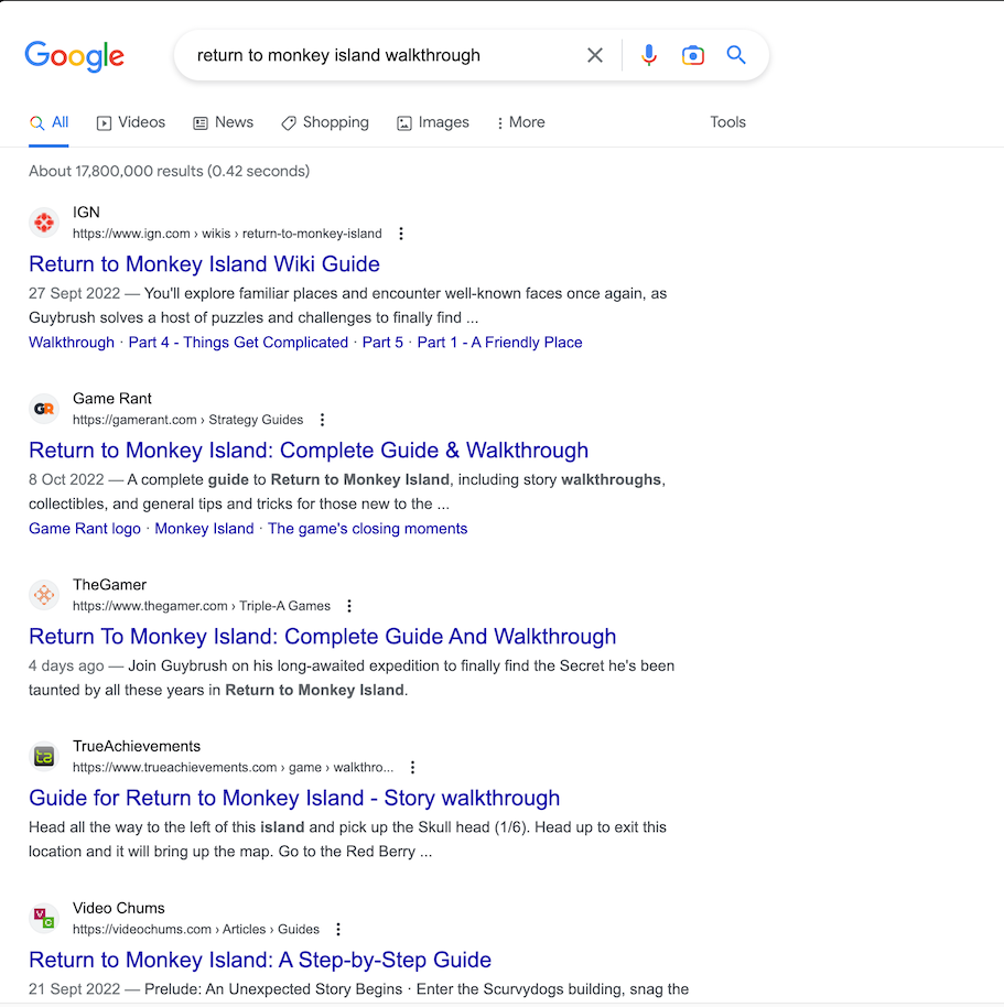 Google restults for "return to monkey island walkthrough"