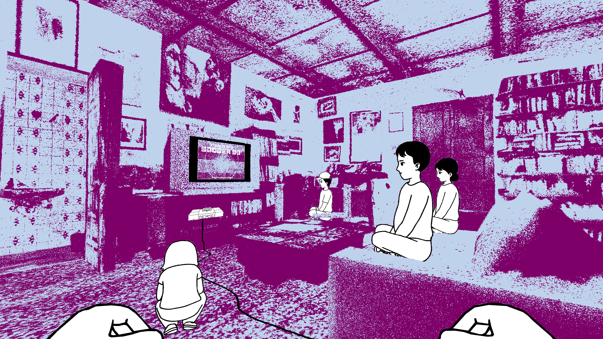 Despelote screenshot. kids in a livingroom playing a football videogame